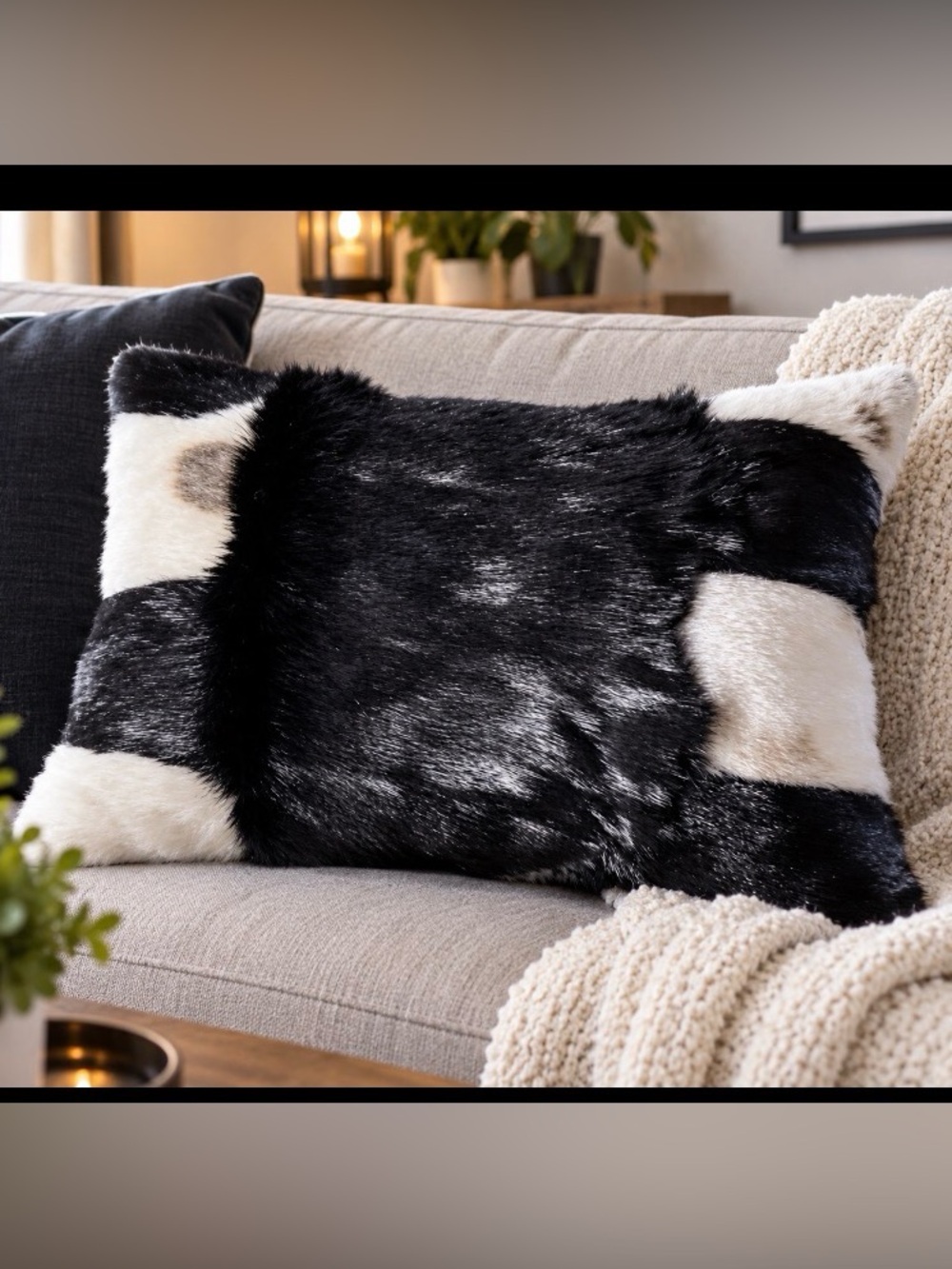 Coussin patchwork fourrure noir et blanc loup marin ..
